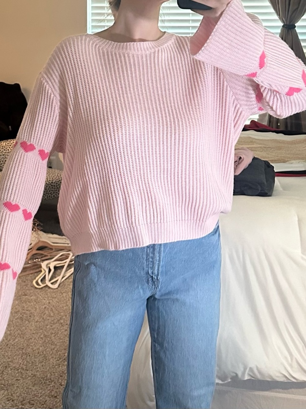 SHEIN Light Pink Crewneck Sweater with Heart Sleeve Accents